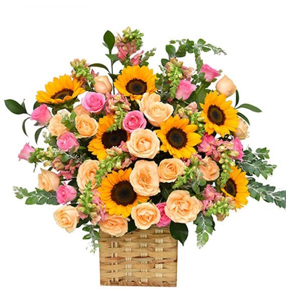 Giỏ hoa hướng dương phối hoa hồng vàng và hồng phấn