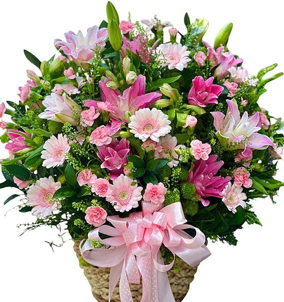 Giỏ hoa tông hồng với lily, cẩm chướng và hoa đồng tiền